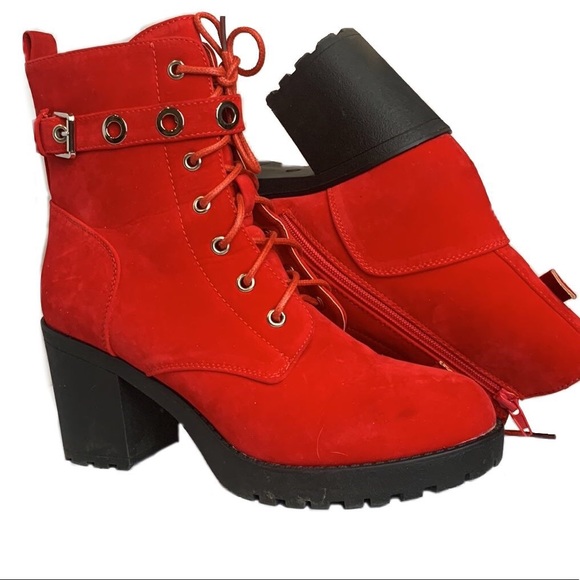 Koi Animal Friendly Suede Lace Up Zipper Rubber Sole Biker Ankle Boots Red - Picture 2 of 8